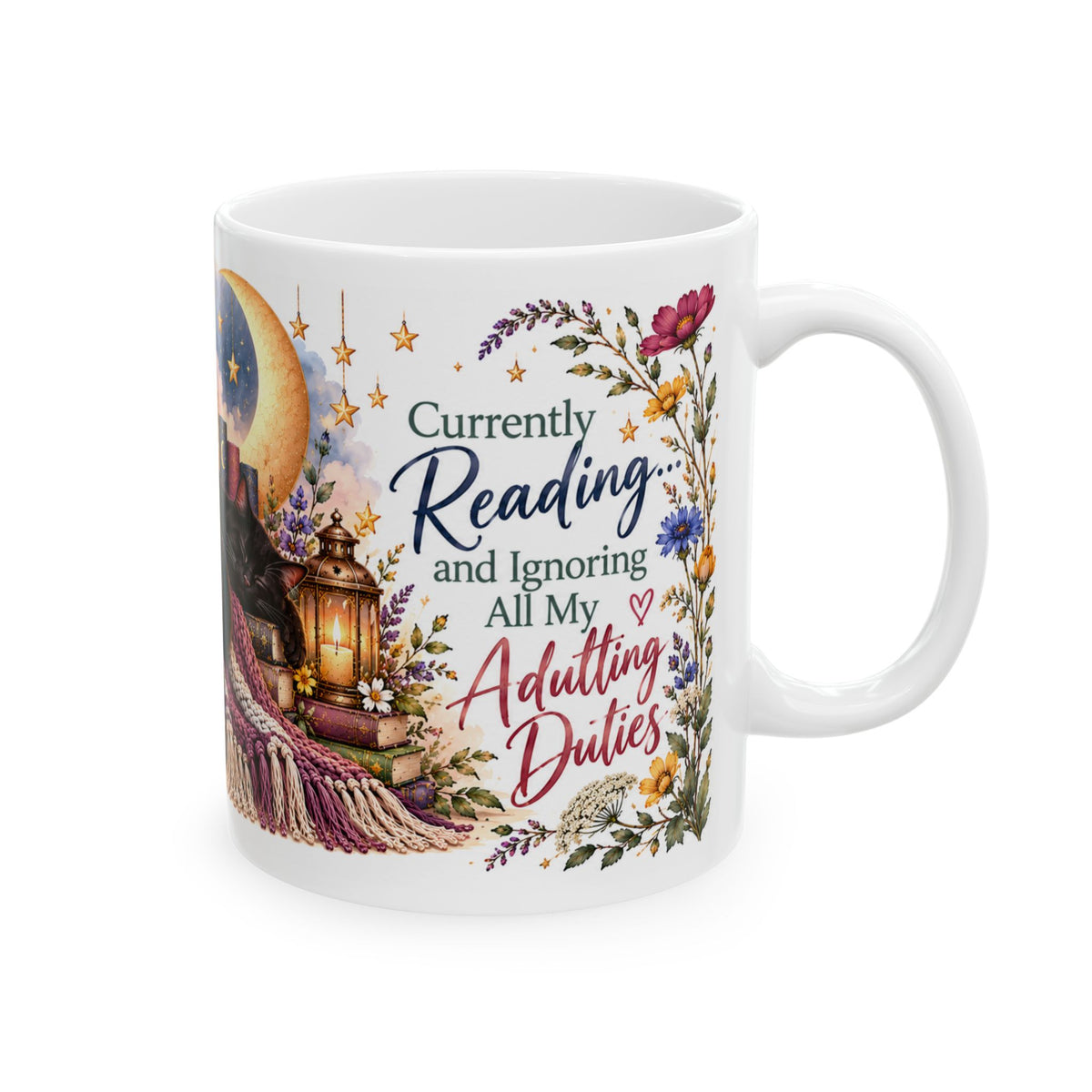 Cozy Book Lover Mug with Flowers, Moon & Stars
