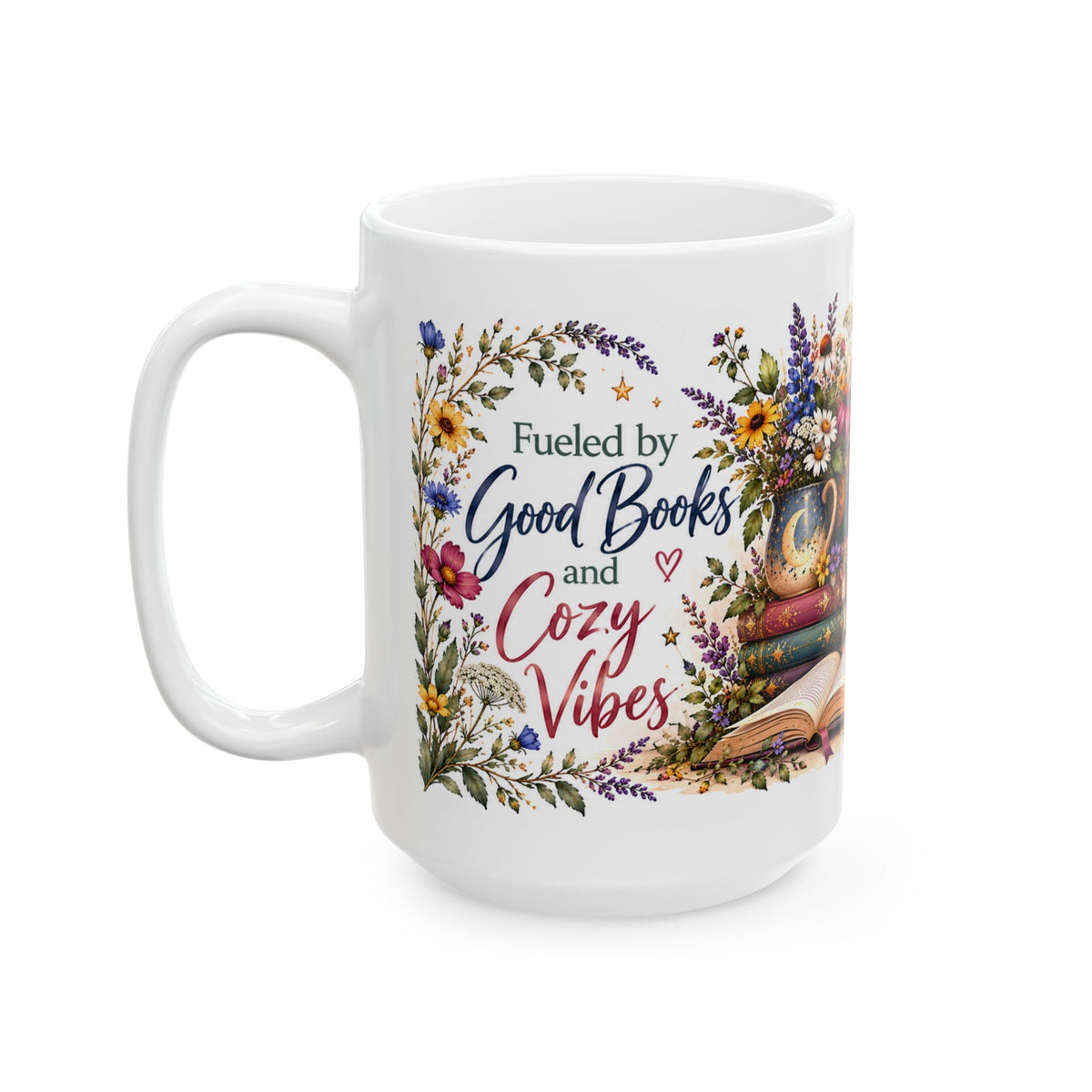 Cozy Book Lover Mug with Flowers, Moon & Stars