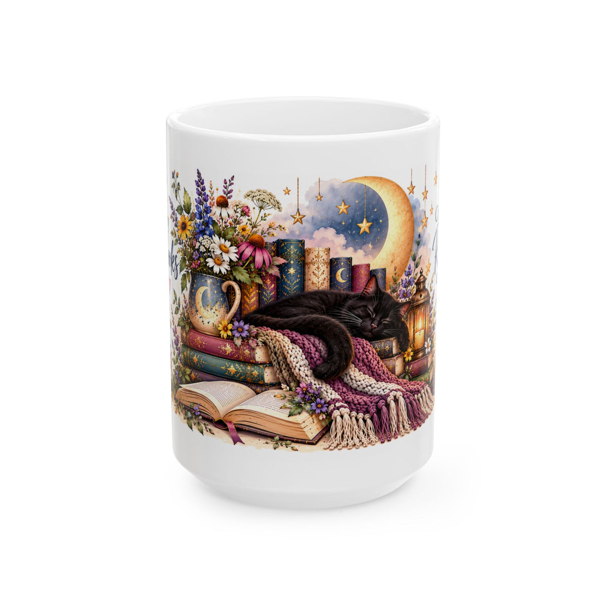 Cozy Book Lover Mug with Flowers, Moon & Stars