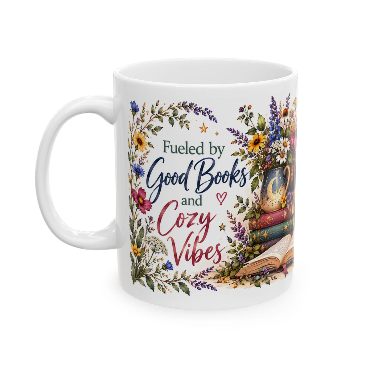 Cozy Book Lover Mug with Flowers, Moon & Stars