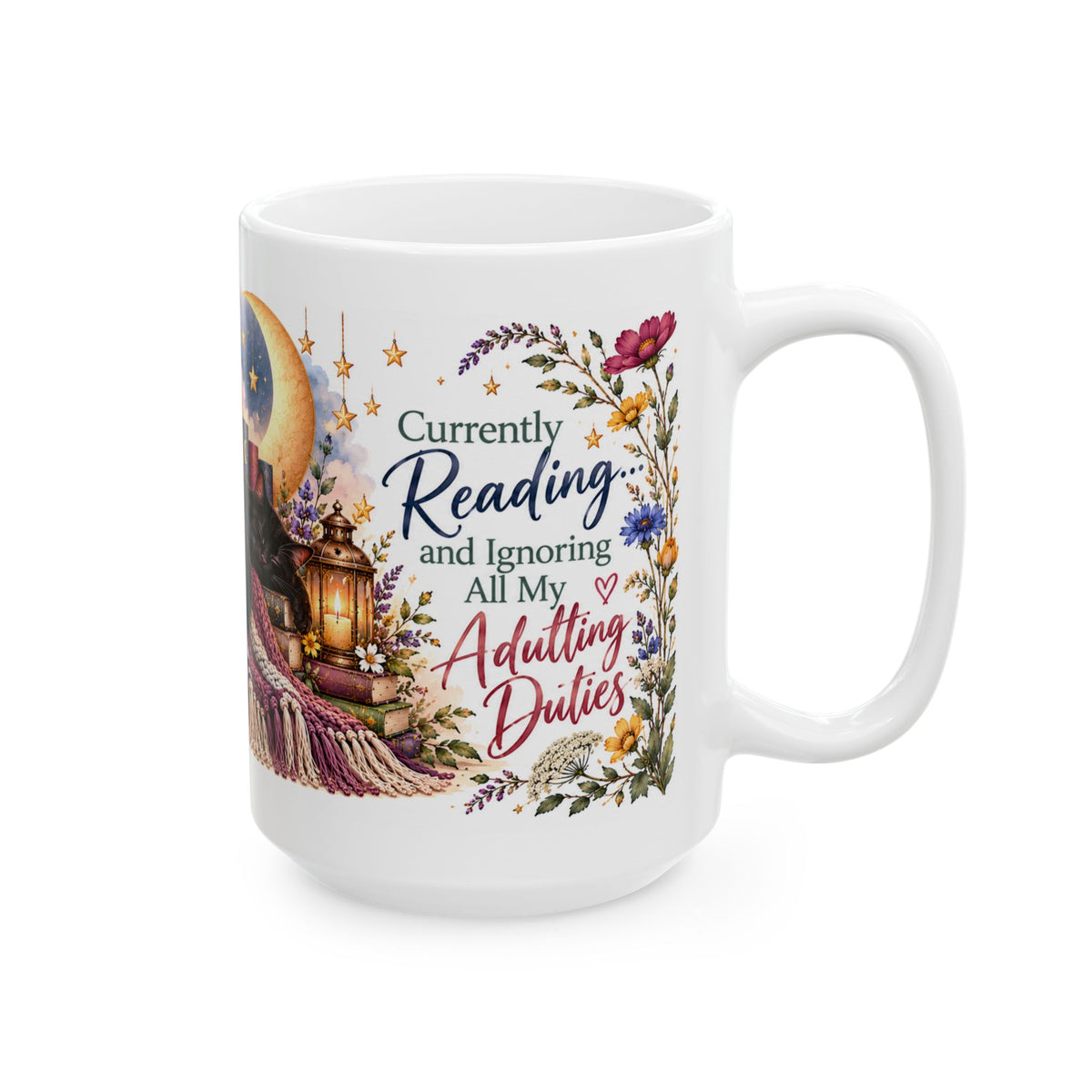 Cozy Book Lover Mug with Flowers, Moon & Stars