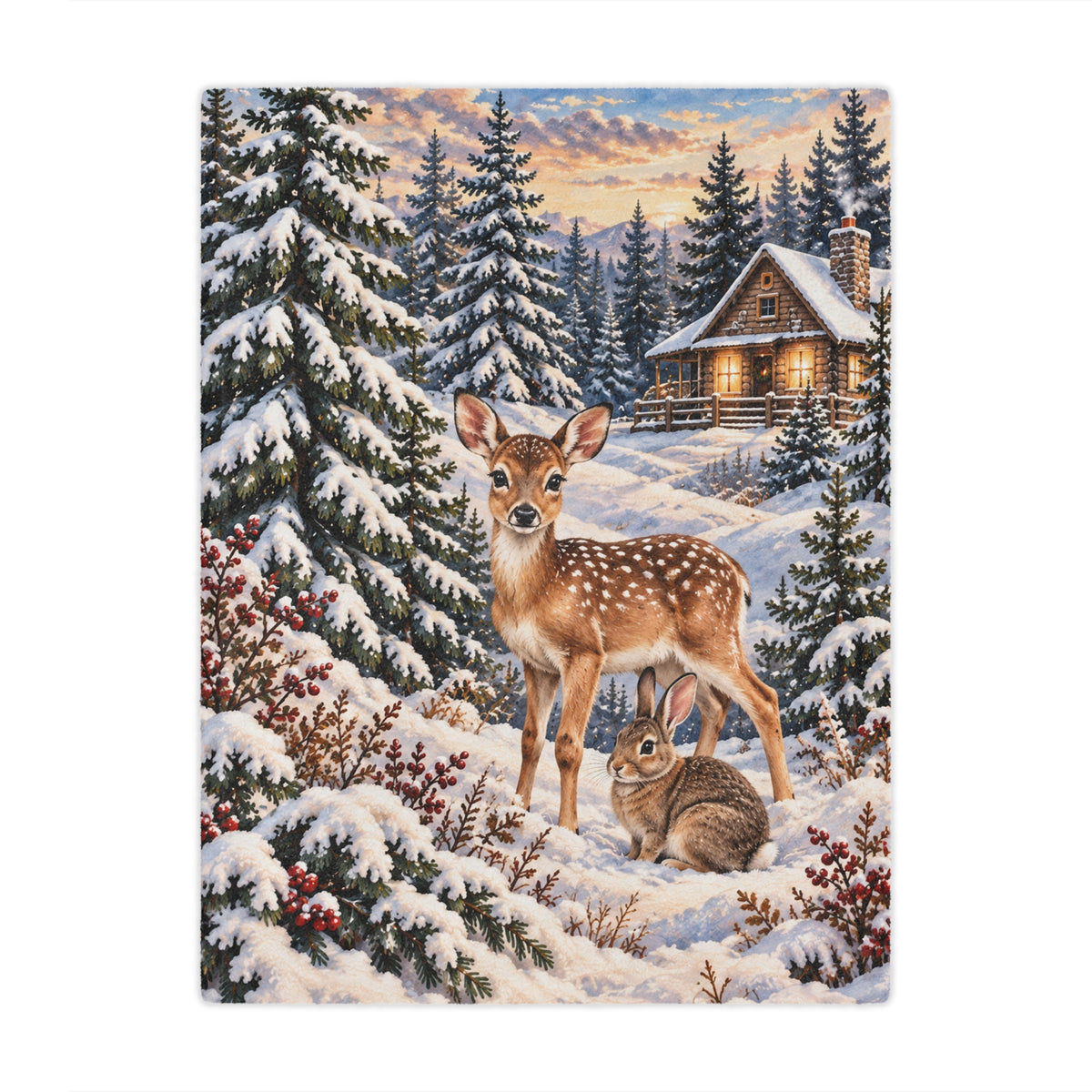Winter Woodland Retreat – Cozy Deer & Rabbit Minky Blanket