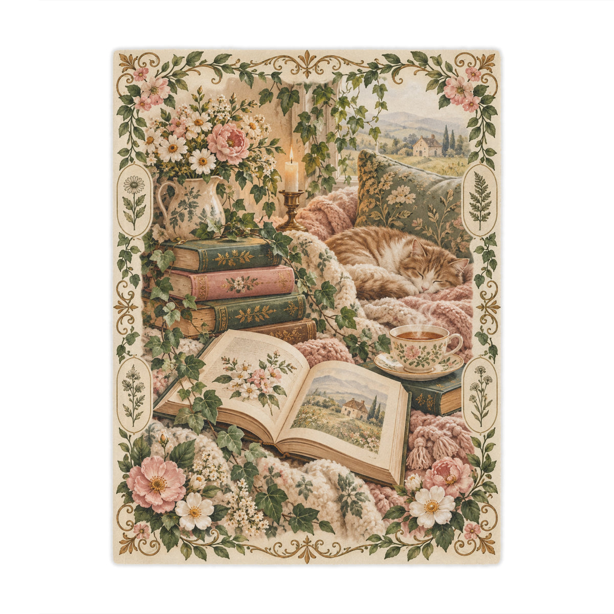 Whispers of the Cottage – Vintage Bookish Floral Minky Blanket