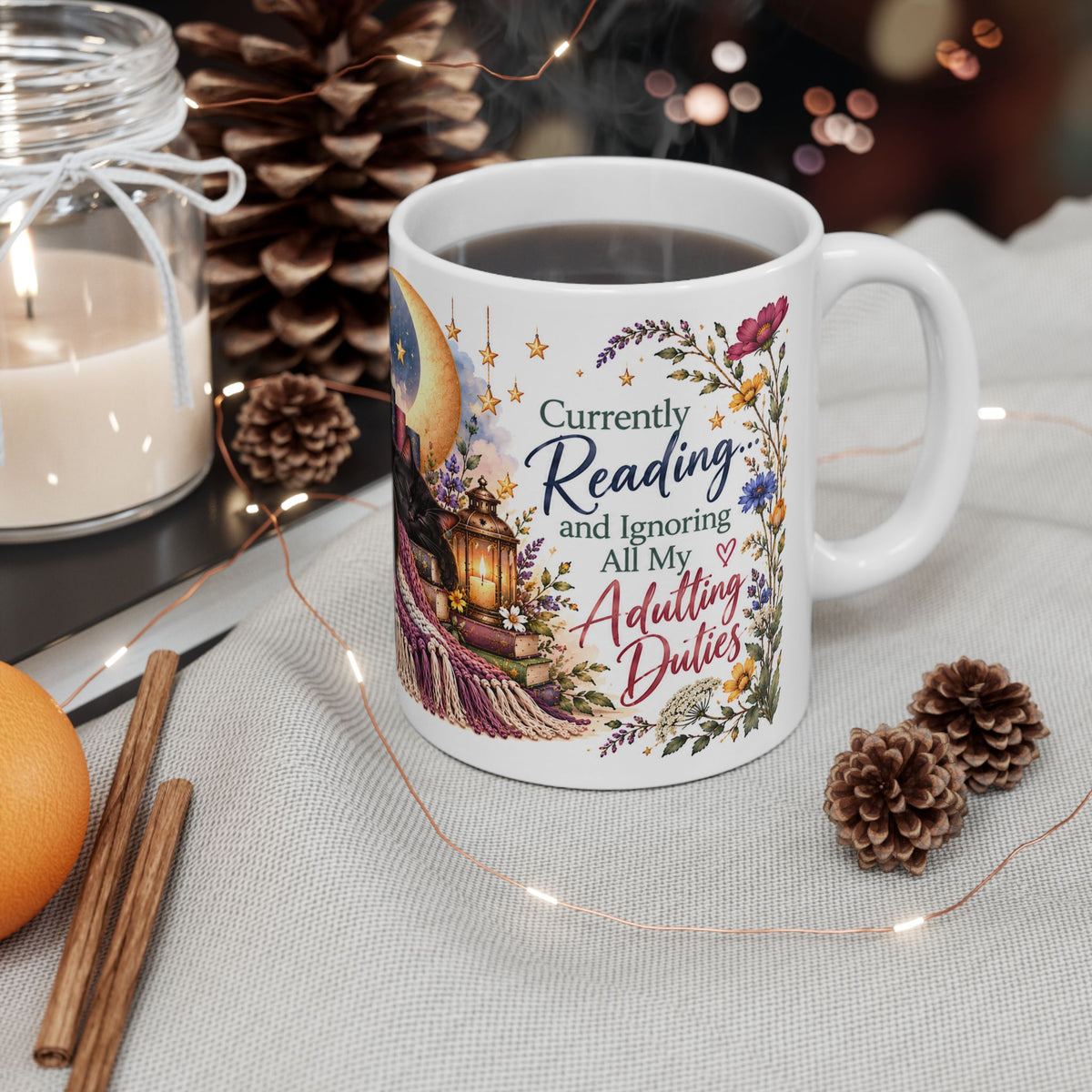 Cozy Book Lover Mug with Flowers, Moon & Stars
