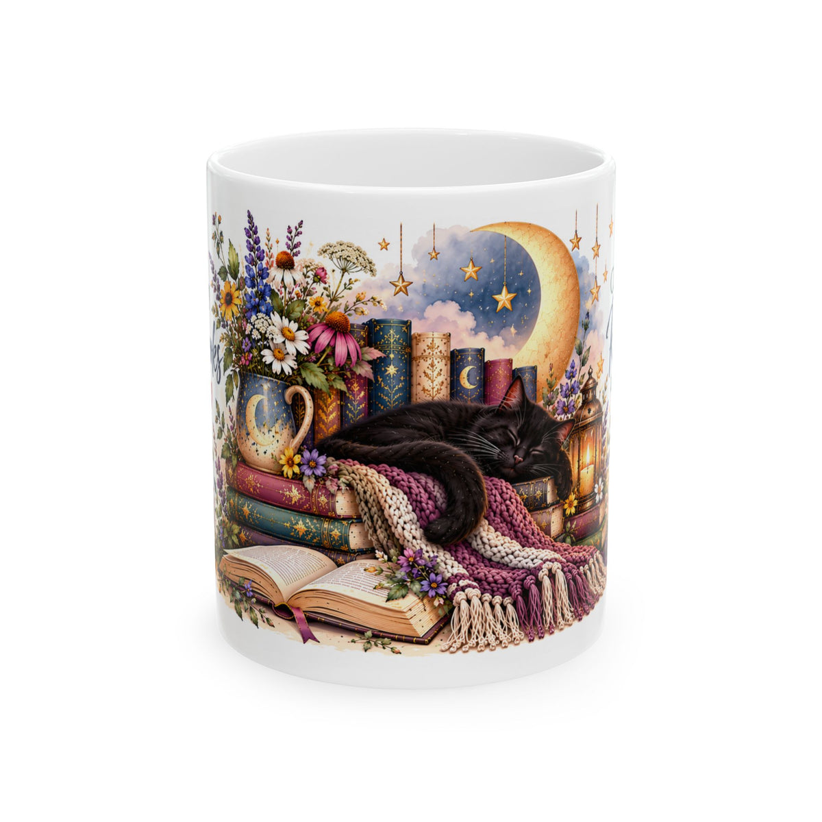 Cozy Book Lover Mug with Flowers, Moon & Stars